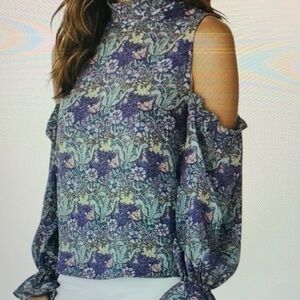 NWT BISHOP + YOUNG Floral Ruffle Long Sleeve Cold Shoulder Blouse Size Small